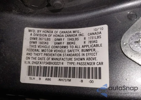 2011 Honda Civic Lx z USA, uszkodzony, nr VIN 2HGFA1F54BH302214